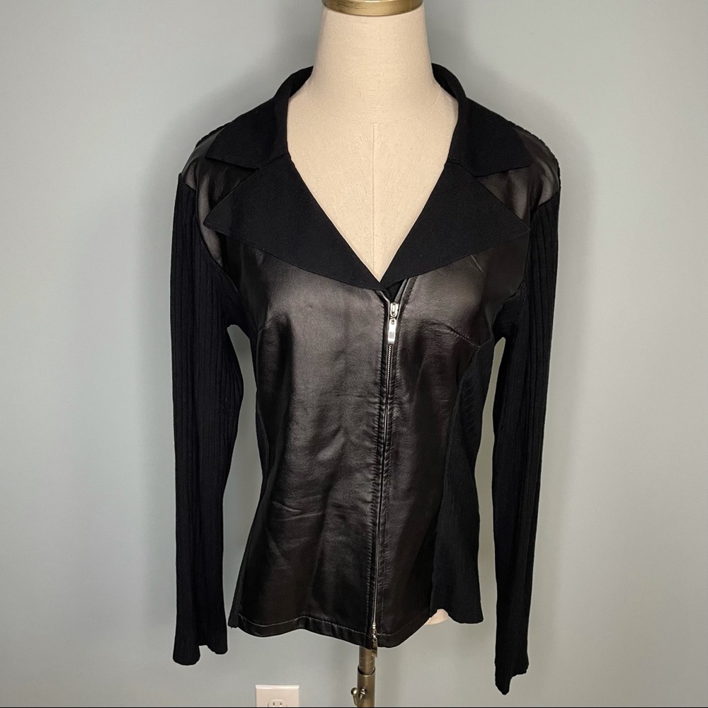 Cyrus Black Leather and Ribbed Knit Moto Jacket
